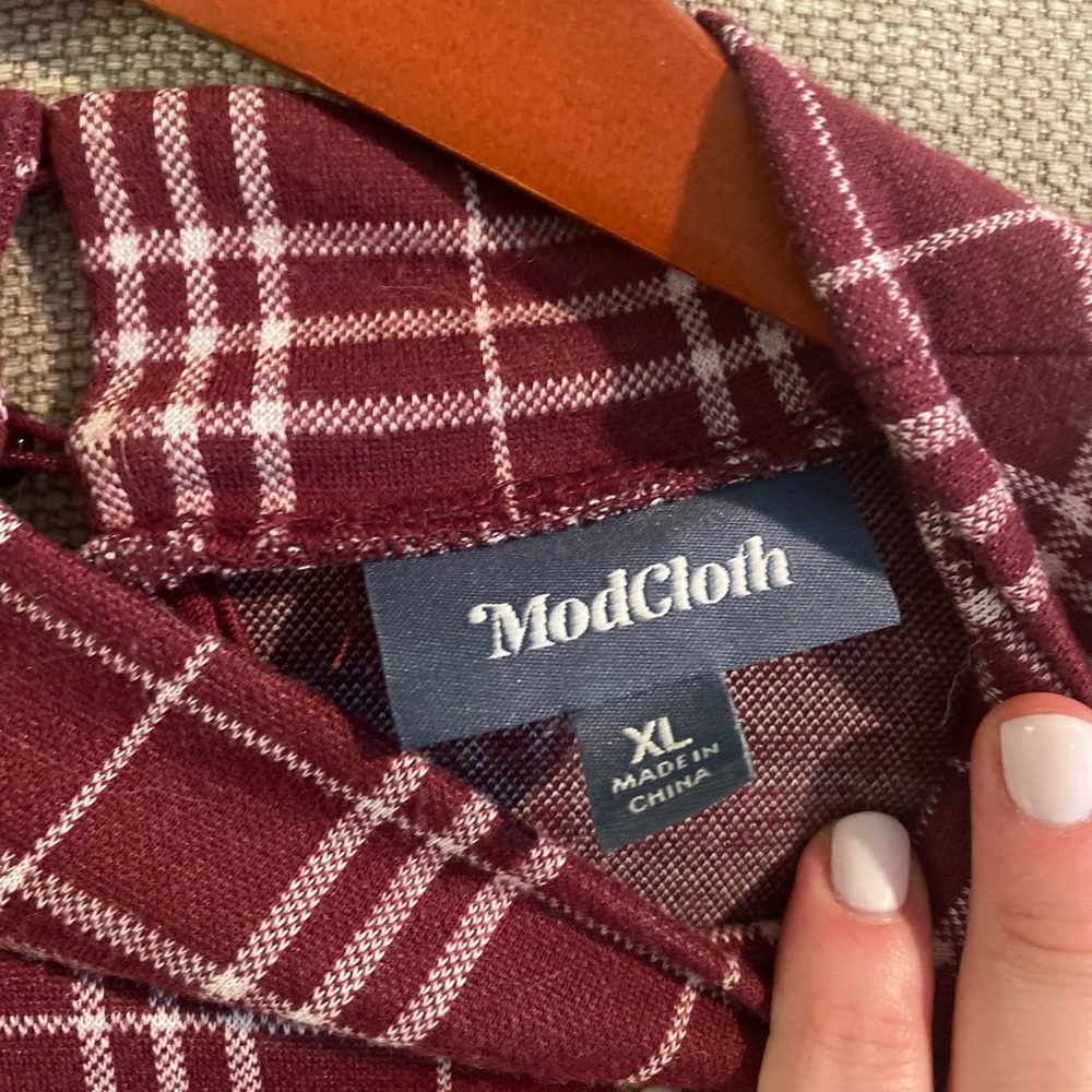 Modcloth Burgundy and White Plaid Mock-Neck Top - Picture 3 of 7